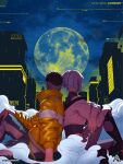  1boy 2girls azizdraws blue_sky building city cityscape couple cyberpunk_(series) cyberpunk_2077 david_martinez from_side hand_on_ground hand_on_own_knee hetero highres huge_moon jacket knee_up looking_to_the_side lucy_(cyberpunk) moon multiple_girls night night_city_(cyberpunk) night_sky off-shoulder_jacket off_shoulder pants sitting sky skyscraper star_(sky) starry_sky white_jacket yellow_jacket 