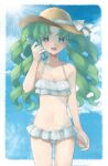  1girl :d bad_id bad_twitter_id bikini blue_sky bottle cloud colored_eyelashes commentary_request cowboy_shot day falulu falulu_(awakened) frilled_bikini frills green_hair grey_eyes hand_up hat inactive_account long_hair looking_at_viewer open_mouth outdoors parted_bangs pretty_series pripara ramune shiyurinpu sidelocks sky smile solo standing sun_hat sunlight swimsuit twintails white_bikini 
