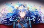  1girl armor blue_cape blue_eyes blue_hair brand_of_the_exalt cape english_commentary fire_emblem fire_emblem_awakening hair_between_eyes highres ippers long_hair looking_at_viewer lucina_(fire_emblem) paint paint_in_hair parted_lips red_cape shoulder_armor solo symbol_in_eye tiara turtleneck two-tone_cape upper_body 