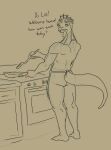 2024 anthro appliance apron apron_only back_muscles biceps cavemanon_studios clothing cooking cybermananon damien_payne dialogue dilophosaurid dilophosaurus dinosaur english_text frill_(anatomy) hair hi_res i_wani_hug_that_gator kitchen_appliance long_tail looking_back male monochrome muscular muscular_anthro muscular_male open_mouth open_smile oven reptile scalie sharp_teeth short_hair sketch smile snout solo tail teeth text theropod