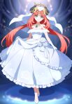  1girl alternate_costume bare_shoulders bride commentary dress fake_horns flower genshin_impact gloves green_eyes highres horns long_hair looking_at_viewer nahato nilou_(genshin_impact) red_hair rose smile solo strapless strapless_dress twintails veil very_long_hair wedding_dress white_dress white_flower white_footwear white_gloves white_rose 