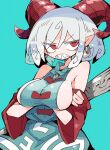  1girl arms_under_breasts blue_background blue_dress breasts crossed_arms curled_horns detached_sleeves dress highres horns large_breasts massakasama pointy_ears red_horns short_hair simple_background solo touhou toutetsu_yuuma white_hair 
