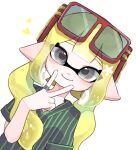  1girl blonde_hair closed_mouth eyelashes eyewear_on_head grey_eyes heart inkling inkling_girl inkling_player_character long_hair looking_at_viewer pointy_ears red-framed_eyewear sakupyon_o02 sidelocks simple_background smile solo splatoon_(series) sunglasses tentacle_hair upper_body v white_background 