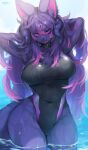  1girl absurdres animal_nose armpits arms_behind_head body_fur breasts commentary_request competition_swimsuit covered_navel fangs furry furry_female highres large_breasts long_hair looking_at_viewer multicolored_hair one-piece_swimsuit open_mouth original pink_hair purple_fur purple_hair snout solo suurin_(ksyaro) swimsuit two-tone_hair 