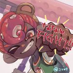  1boy absurdres animal_ears bear_ears brown_hairband clenched_hand dark-skinned_male dark_skin dynamo_roller_(splatoon) fake_animal_ears grin hairband highres holding jersey koike3582 octoling octoling_boy octoling_player_character one_eye_closed outstretched_arm pompadour red_eyes red_hair short_hair simple_background smile solo splatoon_(series) suction_cups teeth tentacle_hair v-shaped_eyebrows white_background 