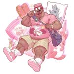  1boy bag bara beard f_con facial_hair fangs glasses hairy hat highres humanization male_focus manly mature_male muscular muscular_male open_mouth pectorals pin pink_hair plump pokemon shirt shoes short_hair shorts simple_background slowbro socks solo stuffed_animal stuffed_toy teeth thick_arms thick_thighs thighs tight_clothes very_hairy watch white_background wristband wristwatch 