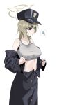  absurdres blue_archive coat green_eyes green_hair green_halo halo highres navel plentyofempty short_hair simple_background suou_(blue_archive) sweat sweatdrop tank_top undressing upper_body wet wet_clothes white_background 