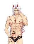  1boy abs absurdres arataki_itto bar_censor black_nails bracelet censored genshin_impact highres horns jewelry male_focus medium_hair muscular muscular_male navel nipples oni oni_horns pale_skin pants penis red_eyes red_horns rourouki smile spiked_bracelet spikes sweat sweatdrop swimsuit tattoo testicles toned toned_male water_drop white_background white_hair 