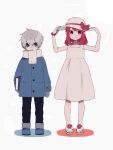  1boy 1girl blue_eyes blush book bow bracelet dress flower_bracelet full_body grey_hair hands_on_headwear hat hat_bow highres holding holding_book jacket jewelry long_hair looking_at_viewer maco22 mittens open_mouth original red_eyes red_hair sandals scarf sleeveless sleeveless_dress smile sun_hat toes 