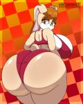 anthro artist_name big_breasts big_butt bra breasts brown_eyes brown_hair butt butt_focus clothing curvy_figure ears_down eyelashes female fur glistening glistening_body hair half-closed_eyes hexami hi_res huge_breasts huge_butt lagomorph leporid looking_at_viewer mammal mature_female narrowed_eyes panties pivoted_ears rabbit red_bra red_clothing red_panties red_underwear sega side_boob smile solo sonic_the_hedgehog_(series) standing tail tan_body tan_fur thick_thighs underwear vanilla_the_rabbit voluptuous wide_hips