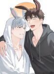  2boys alskatn77 animal_ears black_hoodie brown_hair closed_eyes collarbone highres hood hoodie ilay_riegrow jeong_taeui long_sleeves male_focus multiple_boys open_mouth passion_(manhwa) rabbit_ears single_arm_hug smile teeth upper_body white_background white_hair white_hoodie yaoi 