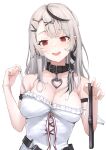  1girl @_@ arm_strap bangs black_collar black_hair blush braid breasts collar ear_piercing fang grey_hair hair_ornament hairclip highres holding_belt hololive large_breasts looking_at_viewer mitsuru_(pixiv_34028718) multicolored_hair open_mouth piercing red_eyes sakamata_chloe shirt simple_background solo strap_slip streaked_hair upper_body virtual_youtuber white_background white_shirt x_hair_ornament 