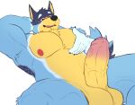 absurd_res anthro australian_cattle_dog balls bandit_heeler big_pecs big_penis blue_body blue_fur bluey_(series) blush canid canine canis cattledog domestic_dog erection foreskin fur genitals hand_behind_head herding_dog hi_res humanoid_genitalia humanoid_penis kinkstraw male mammal mature_male muscular muscular_anthro muscular_male nude pastoral_dog pecs penis simple_background smile solo thick_penis vein veiny_penis white_background yellow_body yellow_fur