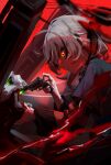  1girl 1other ahoge black_ribbon black_shirt black_sweater blurry brown_hair chain_necklace demon depth_of_field doom_(2016) doom_(series) emo_fashion glowing glowing_eyes green_eyes gun gun_in_mouth hair_ribbon highres hololive hololive_english jewelry multicolored_hair nanashi_mumei nanashi_mumei_(emo) necklace official_alternate_costume onecolo133 red_background red_sweater revenant_(doom) revolver ribbon shirt shoulder_cannon smile streaked_hair striped_clothes striped_sweater sweater sweater_under_shirt t-shirt torn_clothes torn_sweater twintails two-tone_sweater virtual_youtuber weapon yellow_eyes 