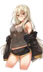  1girl bare_shoulders black_jacket black_shorts blonde_hair breasts cleavage collarbone grey_shirt hair_between_eyes jacket large_breasts lhu_(barappra1) light_brown_hair long_hair looking_at_viewer midriff original parted_lips red_eyes removing_jacket shiny_skin shirt short_shorts shorts simple_background small_sweatdrop solo standing thighs very_long_hair white_background 