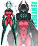  1girl absurdres android black_gloves black_jacket bodysuit breasts character_name chin_guard elbow_gloves full_body gauntlets gloves grey_hair helmet highres jacket large_breasts looking_at_viewer mechanical_legs multiple_views official_art open_clothes open_jacket red_bodysuit short_twintails smile standing twintails virtual_youtuber vshojo yellow_eyes yuniiho zentreya_(vtuber) 