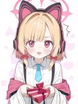  1girl ^^^ animal_ear_headphones animal_ears blonde_hair blue_archive blue_necktie blush bow box cat_ear_headphones chestnut_mouth collared_shirt drop_shadow fake_animal_ears giving hair_bow halo headphones heart-shaped_box highres jacket long_sleeves looking_at_viewer low-tied_sidelocks momoi_(blue_archive) necktie off_shoulder open_mouth p-gnesium pink_eyes pink_halo pink_jacket red_bow second-party_source shirt short_hair smile solo suspenders two-sided_fabric two-sided_jacket upper_body white_jacket white_shirt 