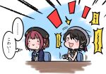  2girls beret braid brown_hair chair controller egokorokid hat hololive houshou_marine houshou_marine_(school_uniform) multiple_girls official_alternate_costume oozora_subaru oozora_subaru_(work) open_mouth red_hair short_hair sitting sweatdrop translated virtual_youtuber 