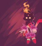  1girl absurdres blaze_the_cat burning burning_blaze face_in_shadow fire forehead_jewel furry furry_female gloves glowing glowing_eyes highres jacket karl0 pants pink_footwear pink_fur red_jacket simple_background sonic_(series) white_gloves white_pants yellow_eyes 