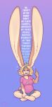 2022 absurd_res anthro artist_logo artist_name biped blonde_hair blue_eyes bottomwear clothed clothing english_text female hair hi_res inner_ear_fluff lagomorph leporid logo long_ears looking_at_viewer mammal multicolored_body open_mouth rabbit shorts simple_background sitting solo taffywabbit text tuft