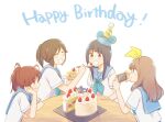  1kudamo1 4girls :o arm_support bangs black_hair blonde_hair blue_hair blue_neckerchief blue_sailor_collar blush brown_hair cake camera closed_eyes eating feeding food green_eyes hair_ribbon hand_up happy_birthday hat hibike!_euphonium holding holding_camera holding_spoon kasaki_nozomi kitauji_high_school_uniform liz_to_aoi_tori long_hair multiple_girls nakagawa_natsuki neckerchief open_mouth outstretched_arm pink_eyes ponytail purple_eyes ribbon sailor_collar school_uniform serafuku shirt short_sleeves sitting smile spoon table taking_picture white_background white_shirt yellow_ribbon yoroizuka_mizore yoshikawa_yuuko 