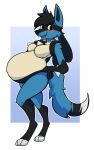 2023 3_toes 4_fingers absurd_res anthro arm_spikes belly big_belly black_body black_fur black_hair black_nose blue_body blue_fur blush chest_spike colored digital_media_(artwork) dima_(artist) dipstick_tail feet female fingers full-length_portrait fur generation_4_pokemon hair hand_on_hip hi_res huge_belly humanoid_hands looking_at_viewer lucario markings multicolored_body multicolored_fur navel nintendo open_mouth open_smile outie_navel pokemon pokemon_(species) portrait pregnant shaded short_hair simple_background smile solo spikes spikes_(anatomy) tail tail_markings tan_body tan_fur teeth toes yellow_eyes