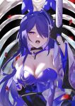  1girl absurdres acheron_(honkai:_star_rail) animal_ears bare_shoulders black_choker breasts buckle bureoeve choker cleavage gloves hair_over_one_eye highres honkai:_star_rail honkai_(series) katana long_hair long_sleeves looking_at_viewer piercing playboy_bunny purple_eyes purple_hair rabbit_ears solo sword tongue_piercing weapon zipper 