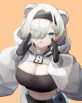  1girl :o absurdres arknights aurora_(arknights) belt belt_pouch black_gloves black_hairband blue_eyes breasts cleavage commentary crop_top english_commentary eyes_visible_through_hair gloves grey_hair hair_intakes hair_ornament hair_over_one_eye hairband hairclip hands_up highres large_breasts long_hair long_sleeves navel open_mouth orange_background pouch puffy_long_sleeves puffy_sleeves simple_background solo upper_body very_long_hair yuu_azma 