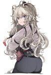  1girl ahoge animal_ear_fluff animal_ears appleseed_(appleseed_art) ass black_gloves black_pants from_behind gloves grey_eyes hololive lion_ears lion_girl lion_tail long_hair looking_at_viewer looking_back pants shirt shishiro_botan solo tail tail_through_clothes very_long_hair virtual_youtuber white_shirt 