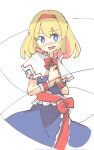  1girl alice_margatroid blonde_hair blue_dress blue_eyes capelet dress frilled_ribbon frills hairband highres kyoroniki looking_at_viewer open_mouth plant puffy_short_sleeves puffy_sleeves red_hairband red_ribbon ribbon short_hair short_sleeves simple_background solo touhou vines white_background white_capelet 