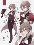  1boy alcohol blue_eyes bouquet brown_hair bug butterfly cup drinking_glass flower full_body gradient_eyes hat highres long_sleeves looking_at_viewer male_focus multicolored_eyes namiki_itsuki original purple_eyes rose short_hair solo white_background wine wine_glass 