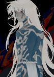  1boy abstract_background blue_pupils blue_skin colored_skin grey_skin highres long_hair looking_to_the_side male_focus puparia red_eyes solo standing swallowx000 very_long_hair 
