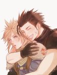  2boys armor black_gloves black_hair blonde_hair blue_eyes closed_eyes cloud_strife commentary_request crisis_core_final_fantasy_vii cross_scar earrings final_fantasy final_fantasy_vii gloves green_scarf grin highres hug hug_from_behind jewelry male_focus multiple_boys niburuchan_zc parted_lips scar scar_on_cheek scar_on_face scarf shinra_infantry_uniform shoulder_armor simple_background sleeveless sleeveless_turtleneck smile spiked_hair stud_earrings sweater teeth turtleneck turtleneck_sweater upper_body zack_fair 