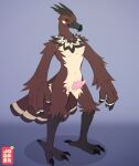  anthro apollo_(onlyprime223) avian beak blue_eyes brown_body claws countershading erection feathers genitals hi_res jooper male nude penis pose solo standing tapering_penis 
