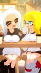  2girls :d ^_^ black_shorts blonde_hair blue_eyes blurry blurry_background breast_rest breasts bright_pupils closed_eyes coffee_cup commentary_request cup disposable_cup highres indoors inkling inkling_girl inkling_player_character kakk_e large_breasts long_hair multiple_girls octoling octoling_girl octoling_player_character on_stool open_mouth shirt shorts sitting smile splatoon_(series) splatoon_3 tentacle_hair white_hair white_pupils white_shirt 