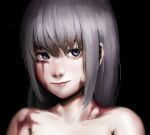  1girl black_background burn_scar closed_mouth collarbone commentary_request dorei_to_no_seikatsu_~teaching_feeling~ eyebrows_hidden_by_hair grey_hair hair_between_eyes highres kuro_kosyou light_smile long_hair looking_to_the_side nude portrait purple_eyes scar simple_background solo sylvie_(dorei_to_no_seikatsu) 