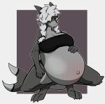 2024 3_toes 4_fingers anthro belly belly_blush big_belly big_breasts blush body_blush breasts brown_eyes clothing colored crop_top crouching digital_media_(artwork) dima_(artist) feet female fingers fish geometric_background grey_body hair hair_over_eye hand_on_belly hand_on_leg hand_on_thigh hi_res huge_belly looking_at_viewer marine multicolored_body navel one_eye_obstructed outie_navel panties pigtails pregnant shaded shark shirt simple_background smile solo spread_legs spreading toes topwear two_tone_body underwear white_hair
