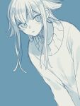  1girl blue_background blue_theme hair_flaps highres long_hair long_sleeves maco22 monochrome original parted_lips solo sweater 