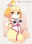  &lt;3 absurd_res accessory animal_crossing anthro areola bdsm bell big_breasts bikini blonde_hair blush bondage bound breasts canid canine canis cleavage clothed clothing collar digital_media_(artwork) domestic_dog eyelashes eyeshadow female fur hair hair_accessory hair_bell hands_behind_back hi_res isabelle_(animal_crossing) kneeling makeup mammal micro_bikini nintendo nipple_outline onigiri_punch open_mouth restraints rope rope_bondage shih_tzu simple_background skimpy solo submissive swimwear teeth thick_thighs tongue toy_dog video_games yellow_body yellow_fur 