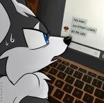  1boy artist_name black_fur blue_eyes computer from_side furry furry_male infinite_(sonic) jackal_boy laptop photo_background profile_picture pukopop shadow_the_hedgehog sonic_(series) sweatdrop text_messaging two-tone_fur white_fur 