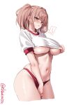  1girl areola_slip atlanta_(kancolle) blush breasts brown_hair cleavage commentary_request cowboy_shot ebifurya grey_eyes gym_shirt gym_uniform highres kantai_collection large_breasts long_hair looking_at_viewer navel panties shirt short_sleeves simple_background solo stomach twitter_username two_side_up underboob underwear white_background white_shirt 