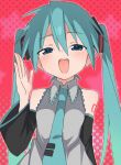  1girl blue_eyes blue_hair blush collared_shirt commentary detached_sleeves dress hair_ornament hand_up hatsune_miku highres long_hair long_sleeves looking_at_viewer necktie open_mouth pink_background sechin shirt sleeveless sleeveless_dress smile solo twintails vocaloid 