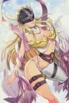  1girl angel angel_wings angewomon arched_back bare_shoulders blonde_hair breastarmor breasts cleavage cleavage_cutout clothing_cutout covered_eyes curvy delux_drawings digimon feathered_wings helmet helmet_over_eyes highres lips medium_breasts navel_cutout pose single_leg_pantyhose smile solo thigh_strap thighs winged_helmet wings 