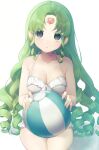  1girl :o bad_id bad_twitter_id ball bare_shoulders beachball bikini breasts cleavage cowboy_shot falulu falulu_(awakened) forehead_jewel frilled_bikini frills green_hair grey_eyes hair_down headphones highres holding holding_ball holding_beachball large_breasts long_hair looking_at_viewer open_mouth parted_bangs pretty_series pripara shiyurinpu simple_background sitting solo swimsuit very_long_hair white_background white_bikini 