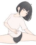  1girl 1ssakawaguchi absurdres black_hair black_shorts blush bob_cut breasts closed_eyes closed_mouth commentary dolphin_shorts highres ichika_(1ssakawaguchi) medium_breasts original shirt short_hair short_shorts short_sleeves shorts simple_background solo split symbol-only_commentary thighs twisted_torso white_background white_shirt 