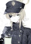  1girl absurdres black_coat black_hat blue_archive buttons coat cup double-breasted eyepatch green_hair green_halo halo hat highres kenkenkenjaa mug one_eye_covered peaked_cap simple_background solo suou_(blue_archive) turtleneck upper_body white_background 