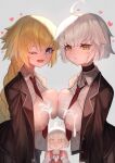  3girls blonde_hair blue_eyes braid braided_ponytail breasts cum cum_on_body cum_on_breasts fate/grand_order fate_(series) grey_hair highres jacket jeanne_d&#039;arc_(fate) jeanne_d&#039;arc_alter_(avenger)_(fate) jeanne_d&#039;arc_alter_(fate) jeanne_d&#039;arc_alter_santa_lily_(fate) large_breasts long_hair long_sleeves looking_at_viewer m0_chi multiple_girls nipples one_eye_closed open_clothes open_jacket open_mouth school_uniform short_hair small_breasts smile yellow_eyes 