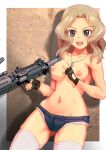  1girl black_gloves blonde_hair blue_eyes blue_shorts breasts commentary cowboy_shot cutoffs denim denim_shorts dog_tags fingerless_gloves girls_und_panzer gloves gun hair_intakes highres holding holding_gun holding_weapon kay_(girls_und_panzer) looking_at_viewer medium_breasts medium_hair micro_shorts navel nipples open_mouth shorts smile solo standing sweat thighhighs topless v weapon weapon_request white_thighhighs wss_(curewss) 