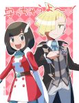  1boy 1girl :d absurdres black_coat black_eyes black_hair blonde_hair clenched_hand closed_mouth coat collared_shirt dress earrings gladion_(pokemon) gladion_(sygna_suit)_(pokemon) gloves green_eyes hair_ornament hair_over_one_eye highres jewelry long_sleeves looking_at_viewer necktie official_alternate_costume open_clothes open_coat open_mouth pants pokemon pokemon_masters_ex red_dress scarf selene_(pokemon) selene_(special_costume)_(pokemon) shinozaki_naruse shirt smile teeth two-tone_dress upper_teeth_only vest white_dress 