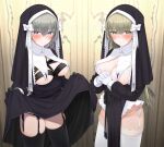  2girls bangs black_bra black_dress black_garter_straps black_panties black_thighhighs blue_eyes blush bow bra breasts brown_eyes brown_hair closed_mouth clothes_lift commentary_request dress dress_lift fed_(giba) garter_straps gloves groin hair_between_eyes indoors interlocked_fingers large_breasts lifted_by_self long_hair long_sleeves looking_at_viewer multiple_boys multiple_girls nun original own_hands_together paid_reward_available panties pelvic_curtain side-tie_panties skindentation smile standing thighhighs underwear white_bow white_bra white_gloves white_panties white_thighhighs 